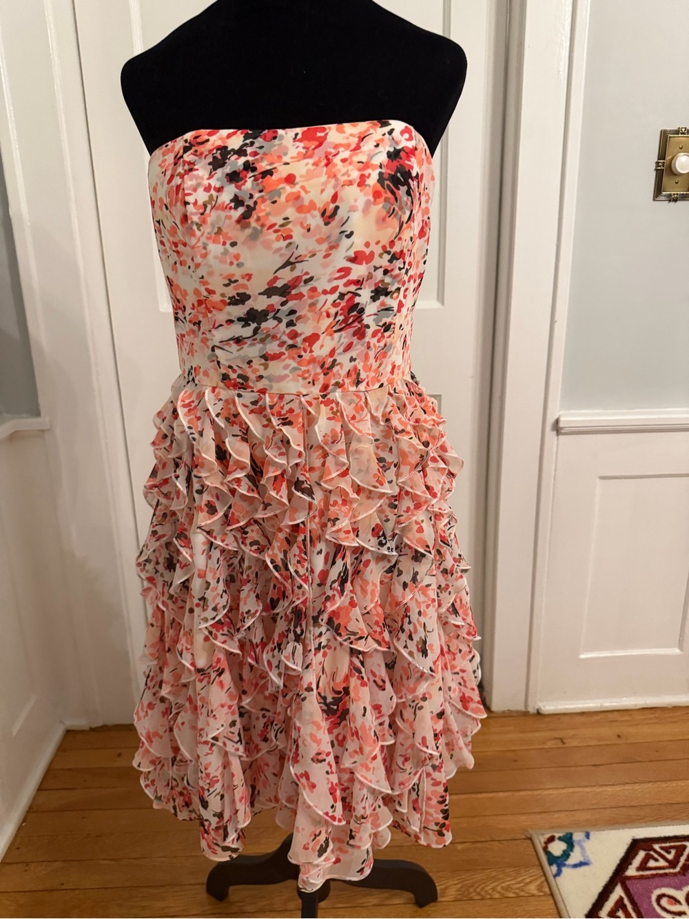 White House Black Market Strapless Ruffle Floral Dress - Peach, Coral, Black